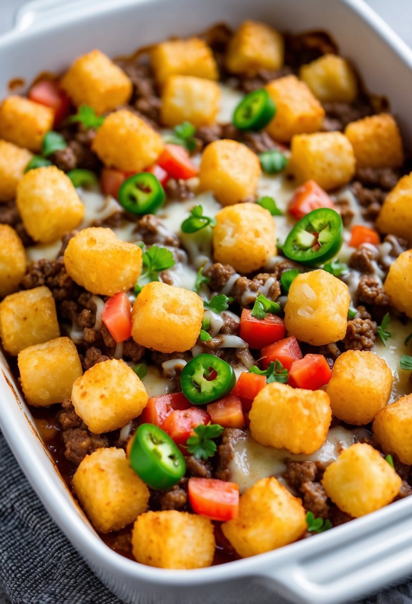 A bubbling casserole dish filled with layers of seasoned ground beef, crispy tater tots, melted cheese, and vibrant diced tomatoes and green chilies