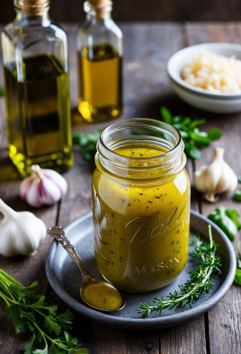 A rustic kitchen table with a mason jar of homemade Zesty Italian Dressing, surrounded by fresh ingredients like olive oil, vinegar, garlic, and herbs