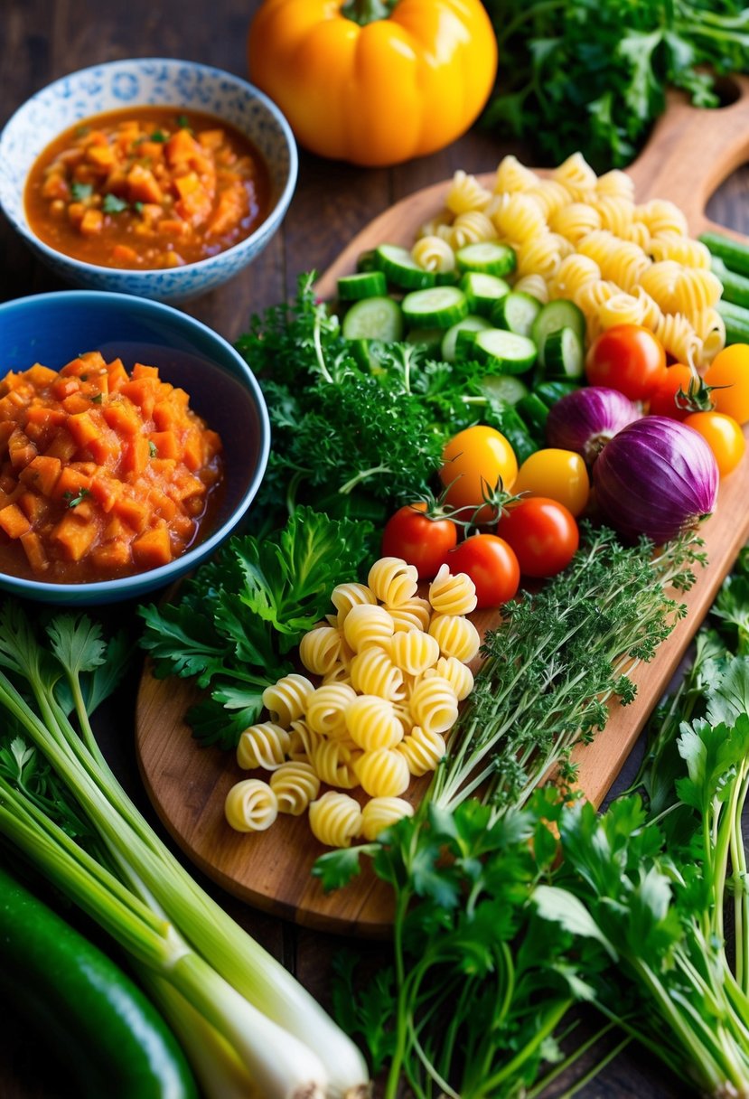 A colorful array of fresh vegetables, herbs, and pasta arranged on a wooden cutting board, with a vibrant bowl of zesty sauce nearby