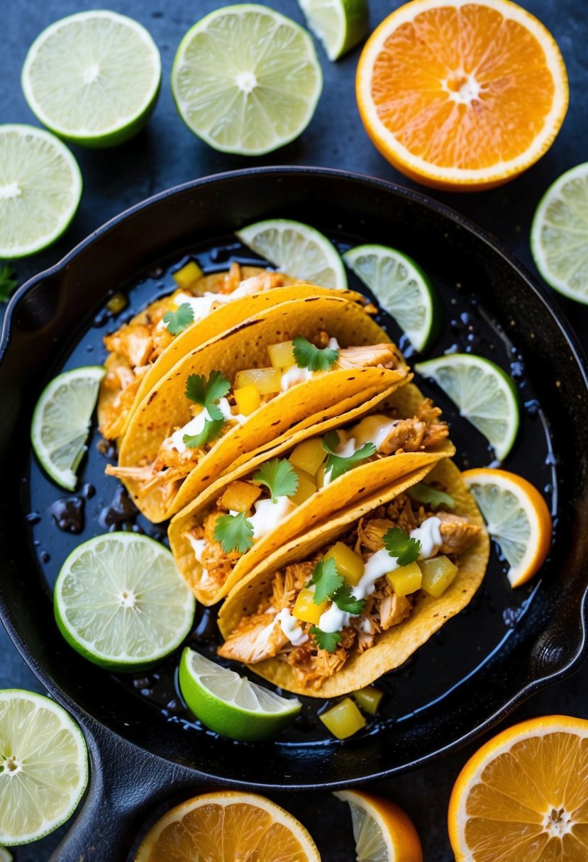 A sizzling skillet of citrus-infused chicken tacos, surrounded by vibrant slices of lime, lemon, and orange