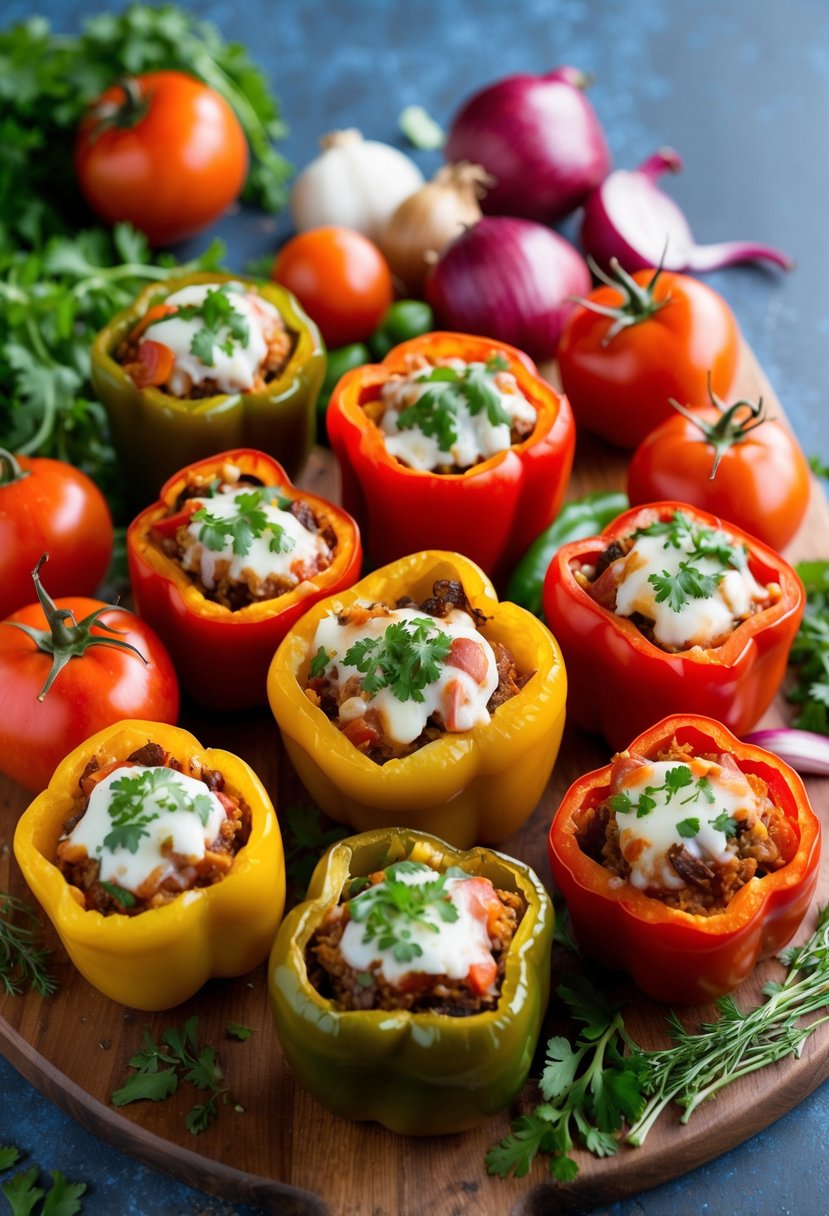 A colorful array of spicy stuffed peppers surrounded by vibrant ingredients like tomatoes, onions, and herbs on a wooden cutting board