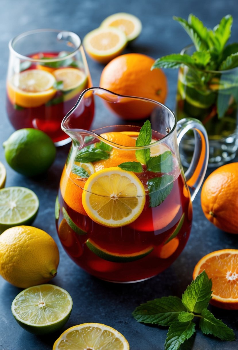 A pitcher of citrus sangria surrounded by fresh lemons, limes, and oranges, with a sprig of mint on the side