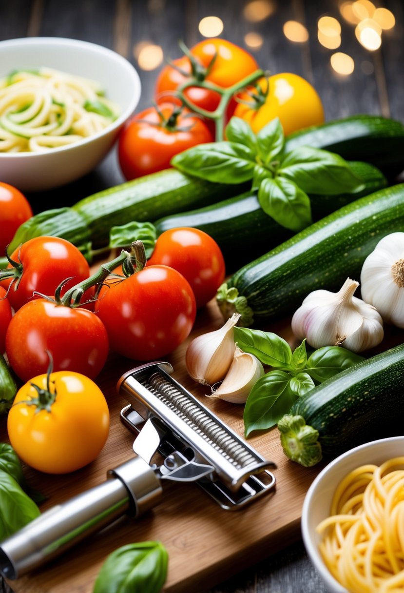 A colorful array of zucchinis, tomatoes, garlic, and basil on a wooden cutting board, surrounded by a spiralizer and a bowl of pasta