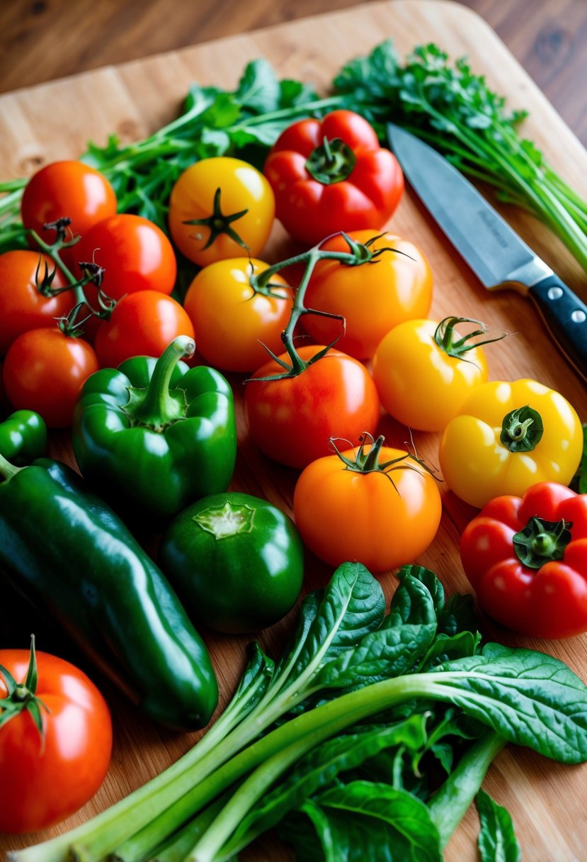 A colorful array of fresh vegetables, including tomatoes, peppers, and leafy greens, arranged on a wooden cutting board with a knife