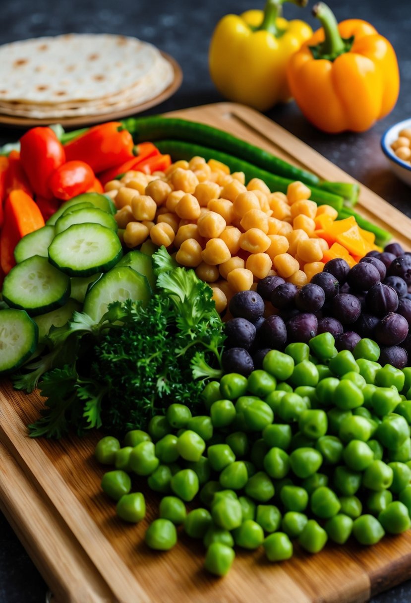 A colorful assortment of fresh vegetables and chickpeas arranged on a wooden cutting board, with a tortilla wrap nearby