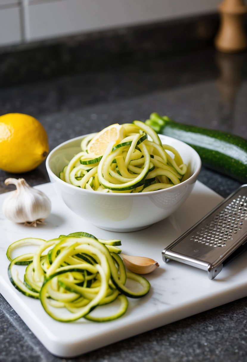 A kitchen counter with a bowl of spiralized zucchini, a clove of garlic, a lemon, and a grater