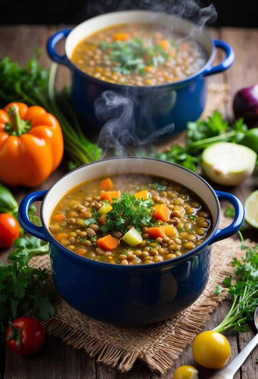 A steaming pot of lentil soup surrounded by colorful vegetables and herbs on a rustic wooden table