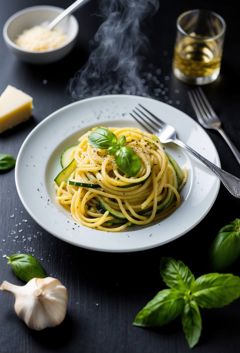 A steaming plate of Spaghetti alla Nerano with zucchini, garlic, and cheese, garnished with fresh basil and a sprinkle of black pepper