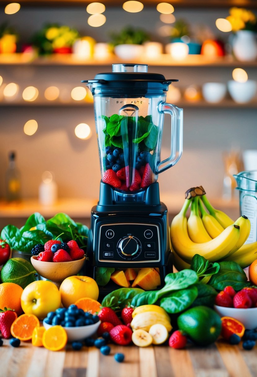 A colorful array of fresh fruits and vegetables arranged around a blender, with various ingredients such as berries, spinach, and bananas