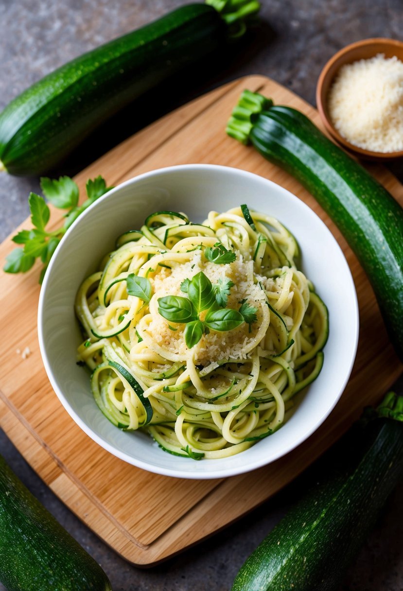 A bowl of creamy zucchini noodles topped with fresh herbs and a sprinkle of parmesan cheese, surrounded by vibrant green zucchinis and a wooden cutting board