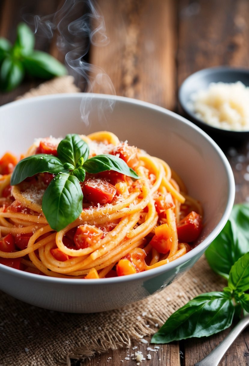 A steaming bowl of tomato basil pasta sits on a rustic wooden table, garnished with fresh basil leaves and sprinkled with grated Parmesan cheese