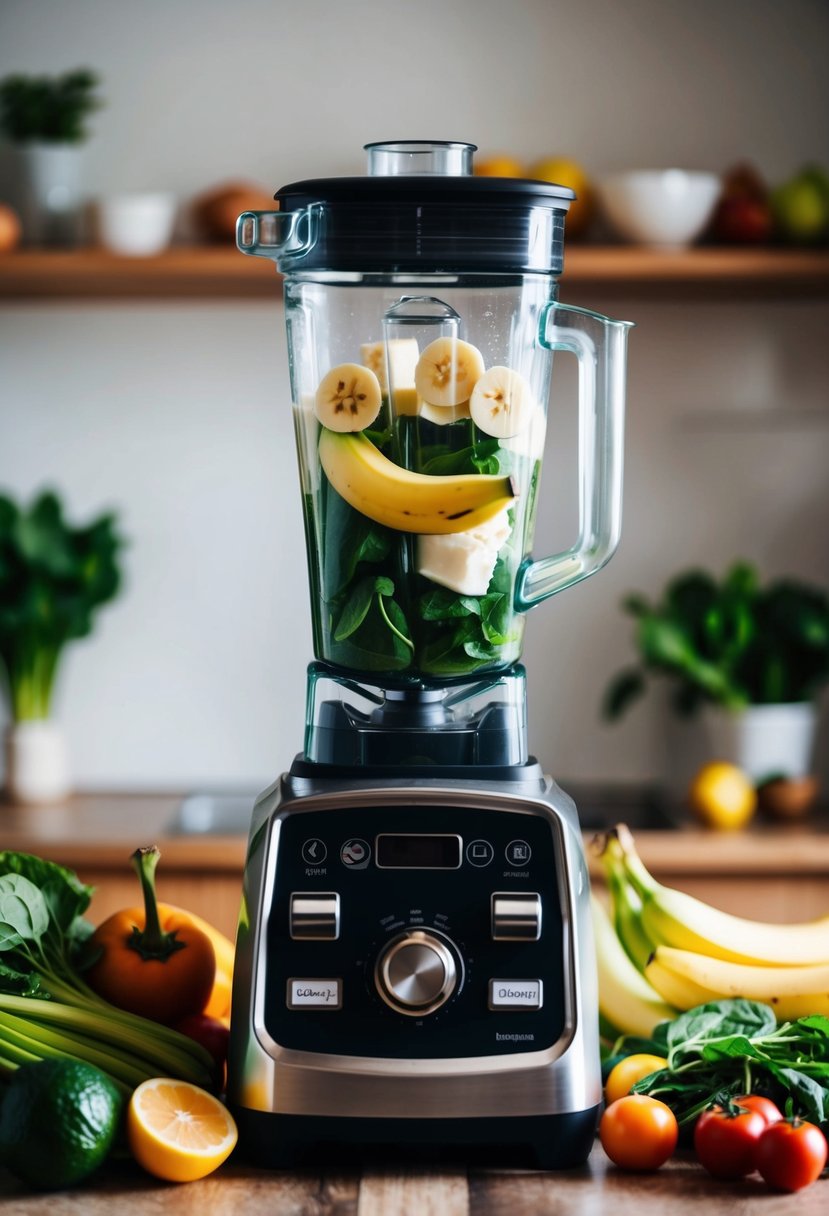 A blender filled with banana, spinach, and yogurt, surrounded by fresh fruits and vegetables on a kitchen countertop