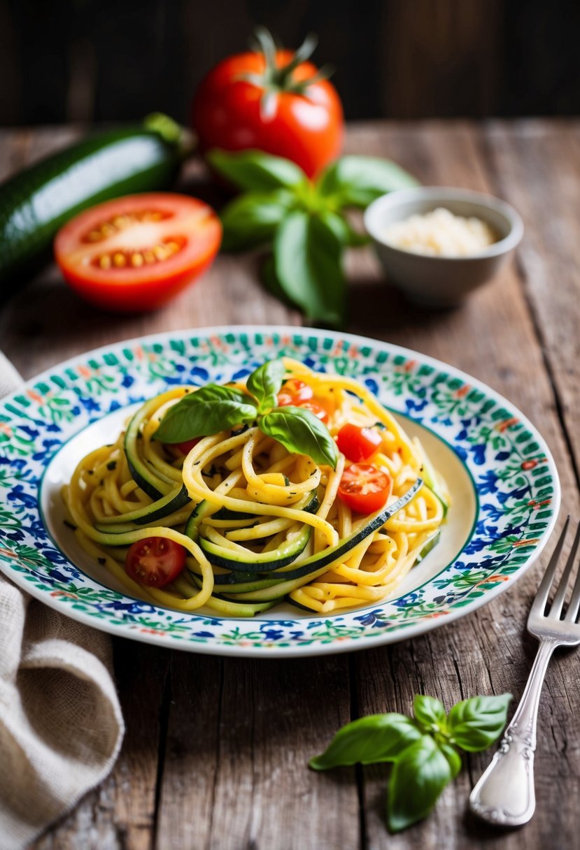 A colorful plate of zucchini and tomato basil pasta with fresh ingredients on a rustic wooden table