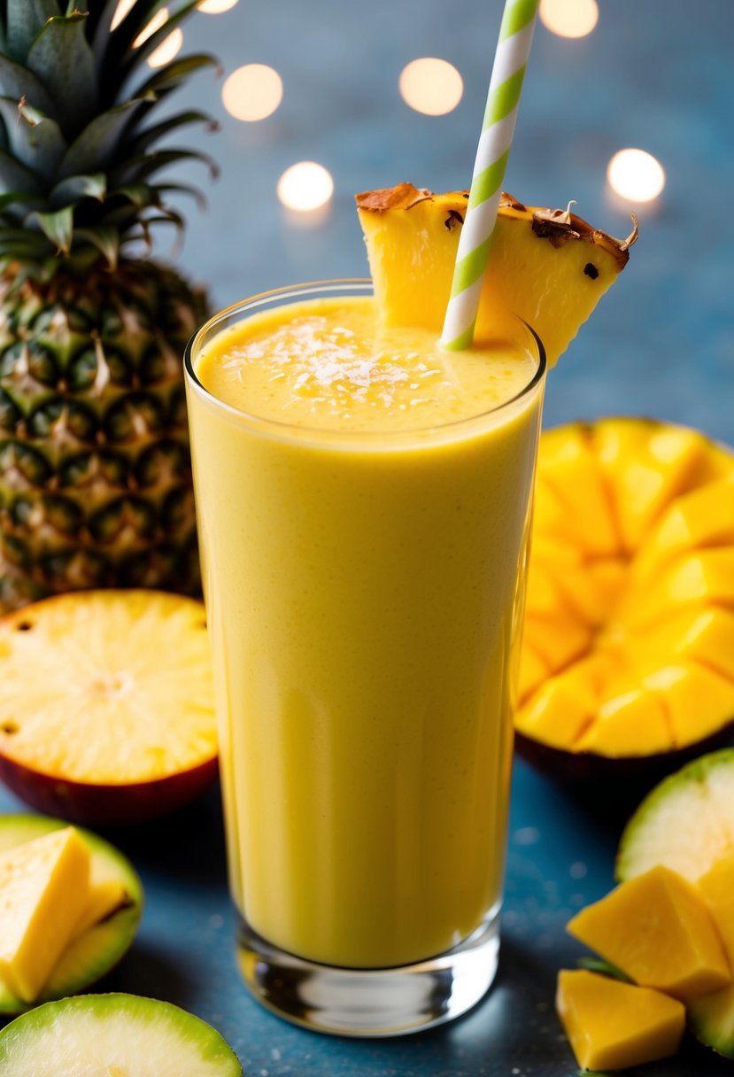 A tall glass filled with a vibrant yellow smoothie topped with a slice of pineapple and a wedge of mango, surrounded by fresh fruit