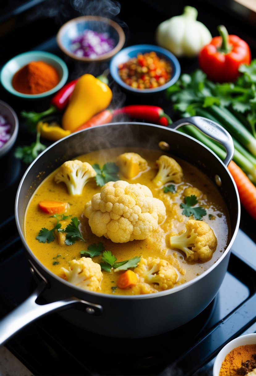 A steaming pot of cauliflower curry simmering on a stovetop, surrounded by colorful spices and fresh vegetables