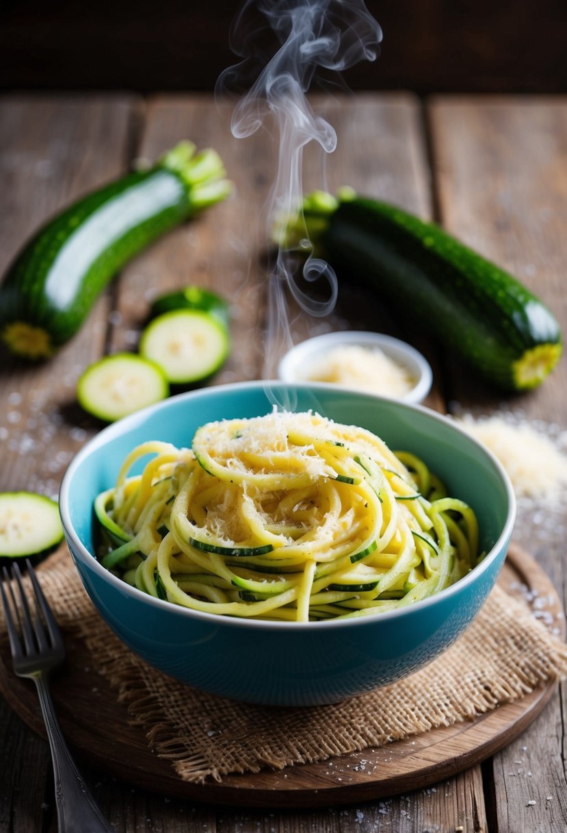 A steaming bowl of Parmesan Zucchini Pasta sits on a rustic wooden table, surrounded by fresh zucchini and grated cheese