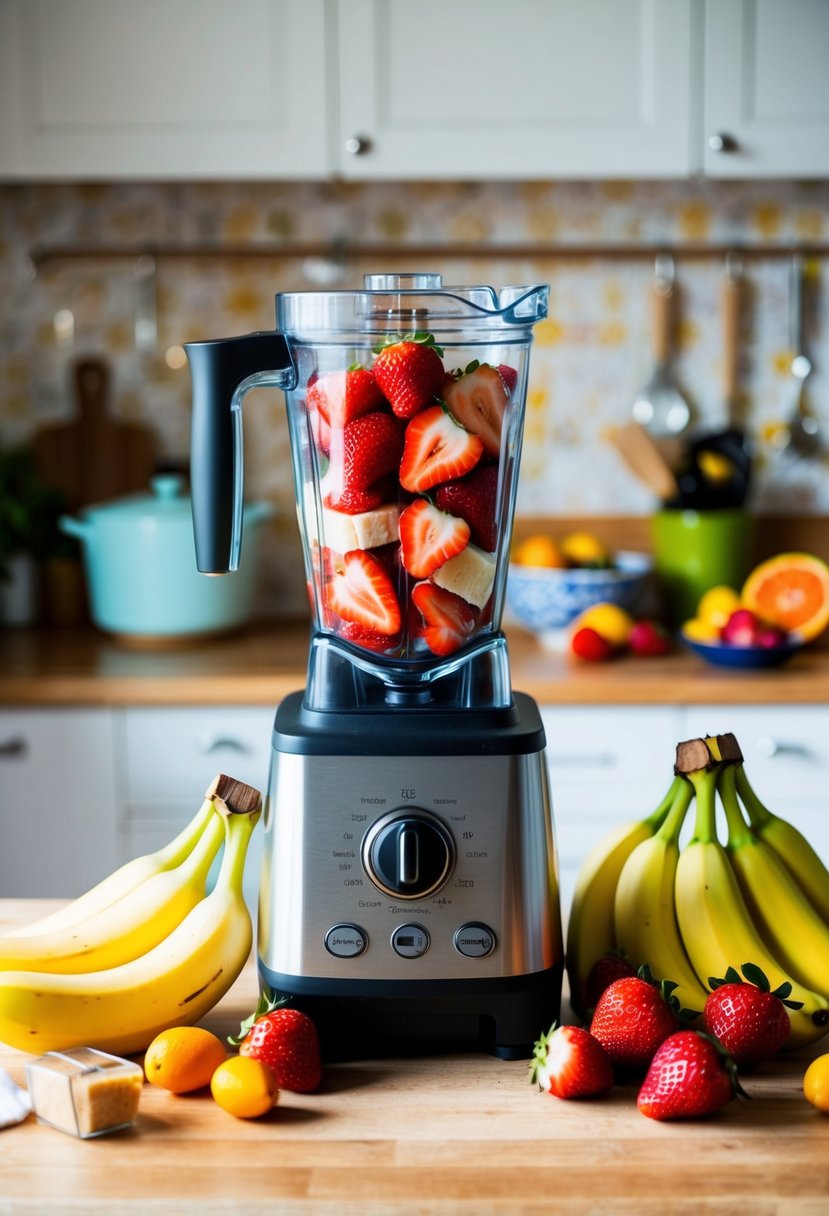 A blender filled with fresh strawberries and bananas, surrounded by colorful fruit and ingredients on a kitchen counter