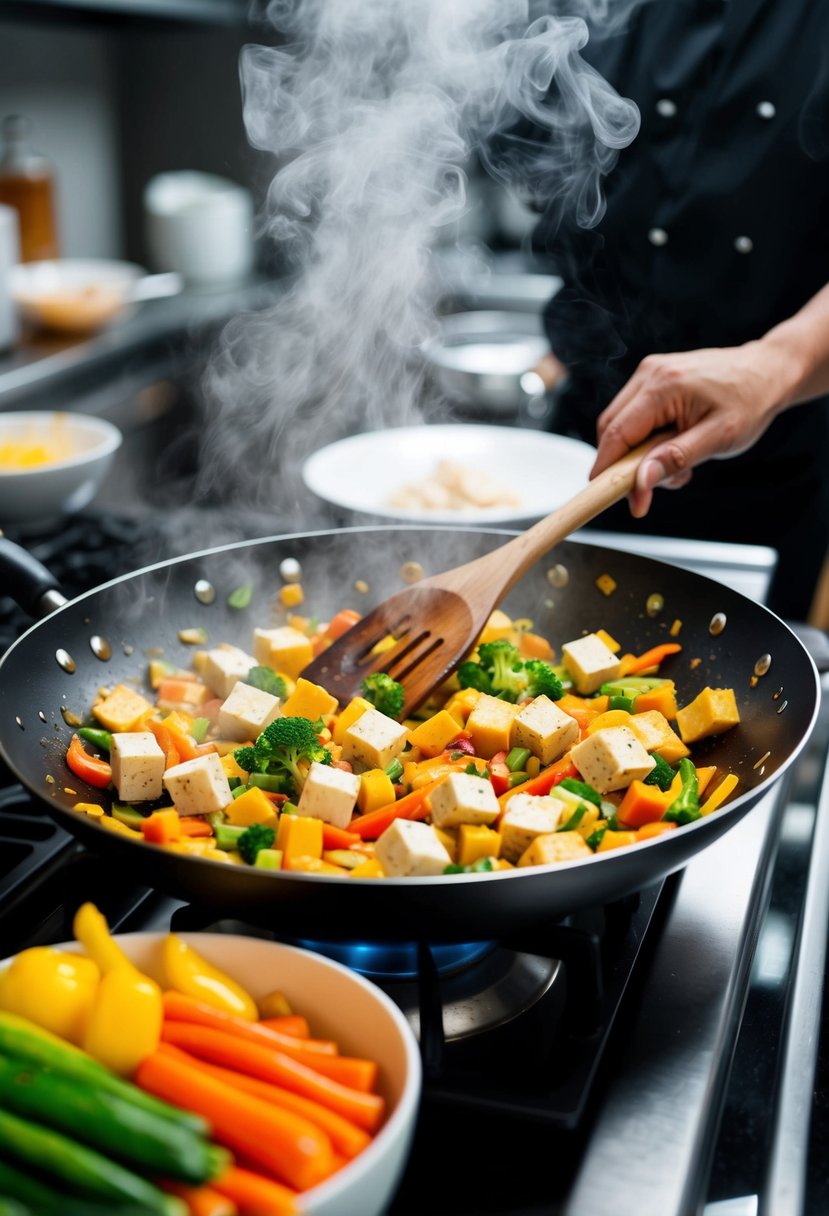 A sizzling wok filled with colorful vegetables and cubes of tofu, steam rising, as a chef tosses the ingredients with a wooden spatula