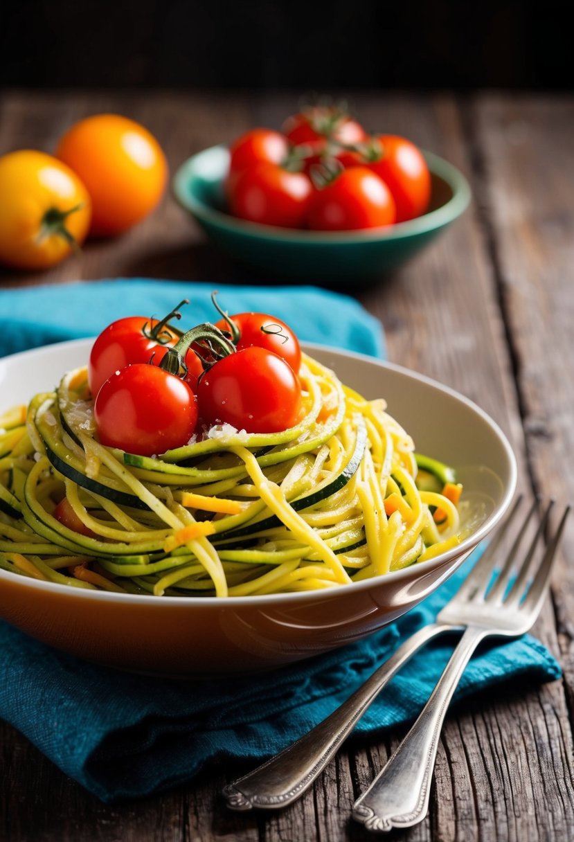 A colorful bowl of zucchini pasta topped with vibrant cherry tomatoes on a rustic wooden table