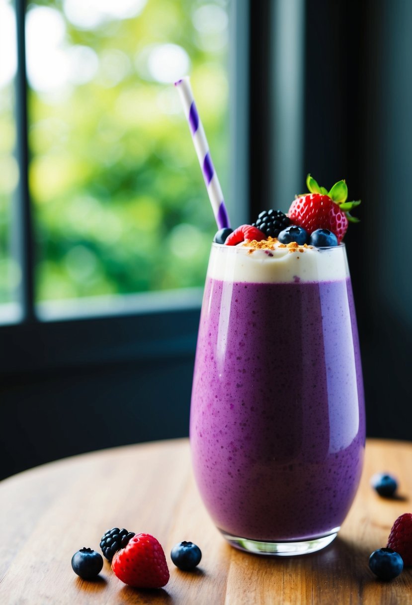 A glass filled with a vibrant purple mixed berry smoothie, topped with a swirl of yogurt and a sprinkle of fresh berries