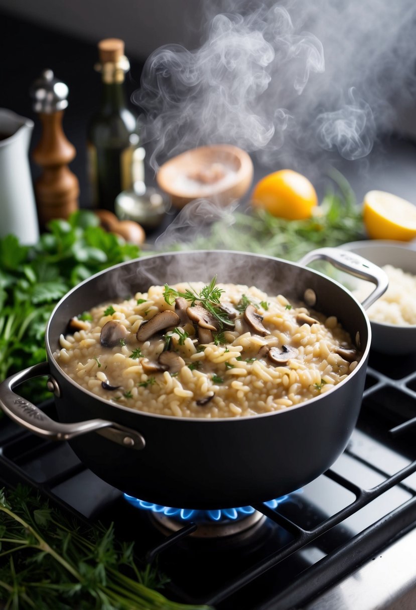 A steaming pot of creamy mushroom risotto bubbling on a stove, surrounded by fresh herbs and ingredients