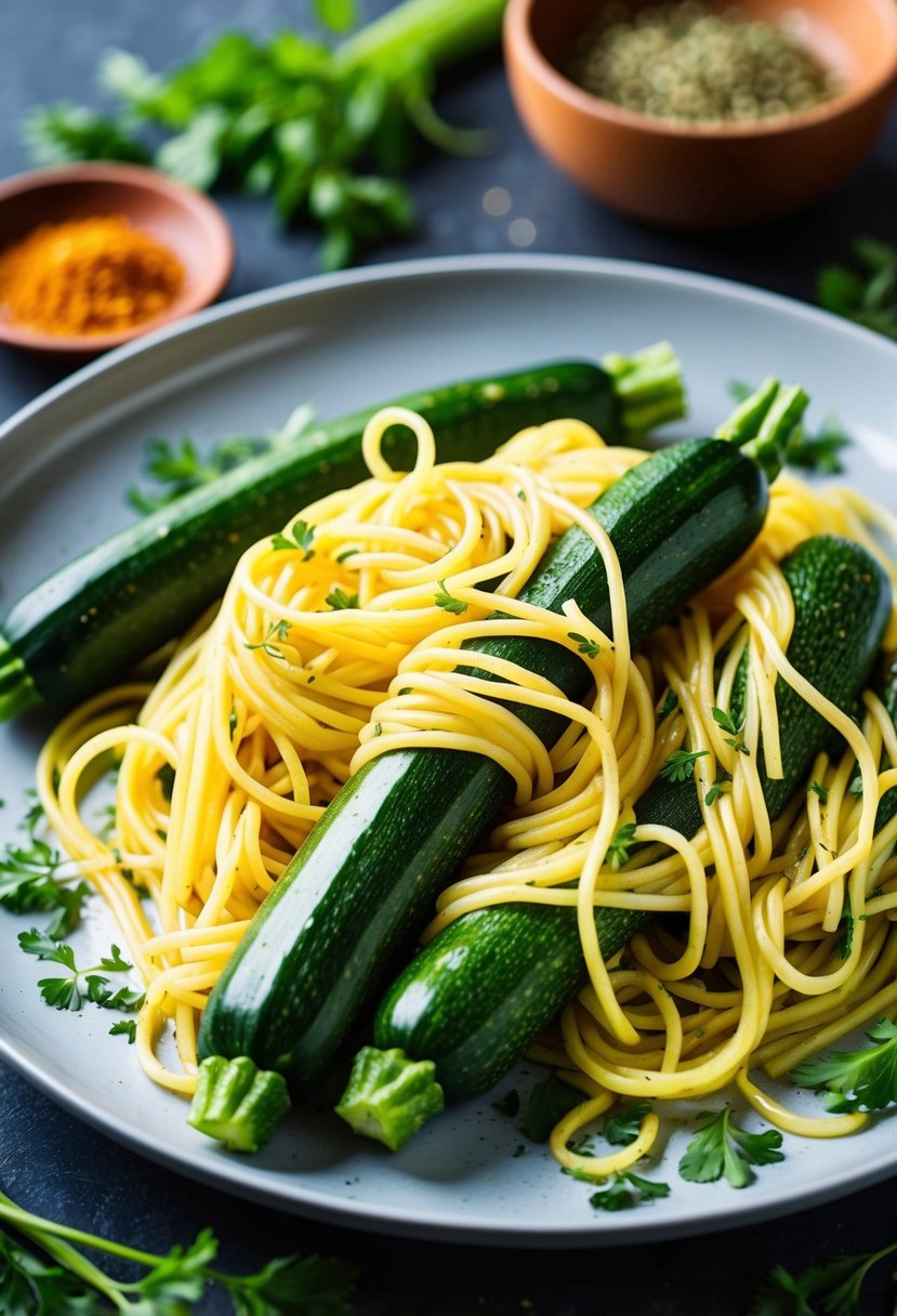 Fresh zucchinis and spaghetti noodles entwined on a plate, surrounded by vibrant herbs and spices