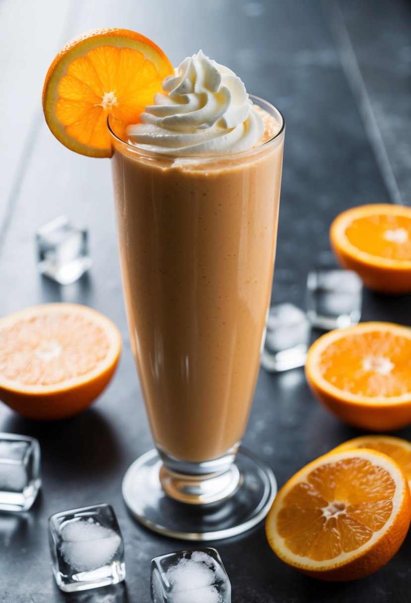 A tall glass filled with a creamy orange smoothie, topped with a dollop of whipped cream and a slice of orange on the rim, surrounded by fresh orange slices and ice cubes