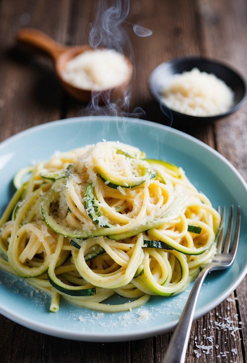 A steaming plate of zucchini alfredo pasta with freshly grated parmesan on a rustic wooden table