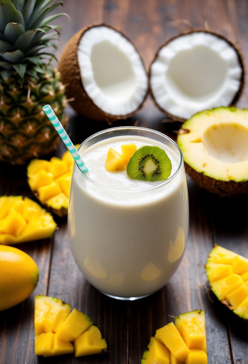 A tropical coconut smoothie surrounded by fresh coconut, pineapple, and mango on a wooden table