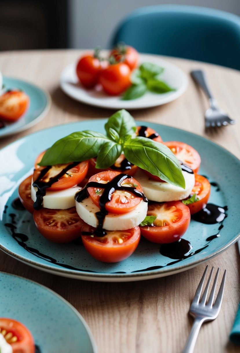 A table set with a plate of Caprese salad, fresh tomatoes, mozzarella, basil, and a drizzle of balsamic glaze