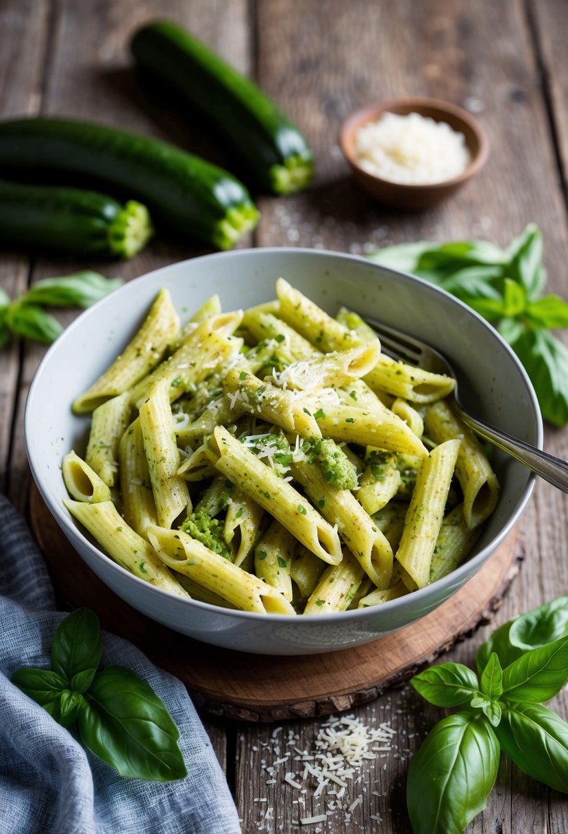 A steaming bowl of zucchini pesto penne on a rustic wooden table, surrounded by fresh zucchinis, basil leaves, and a sprinkle of Parmesan cheese