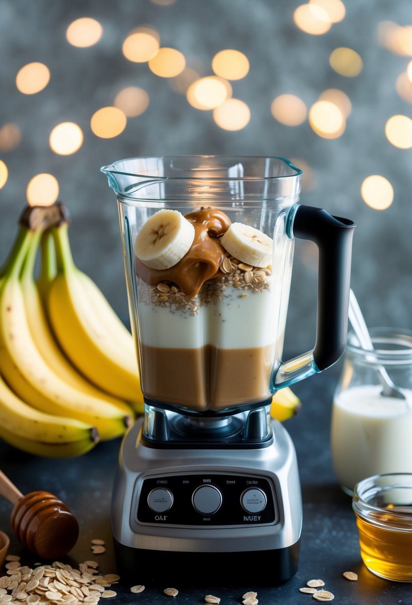 A blender filled with bananas, peanut butter, and milk, surrounded by scattered ingredients like oats and honey