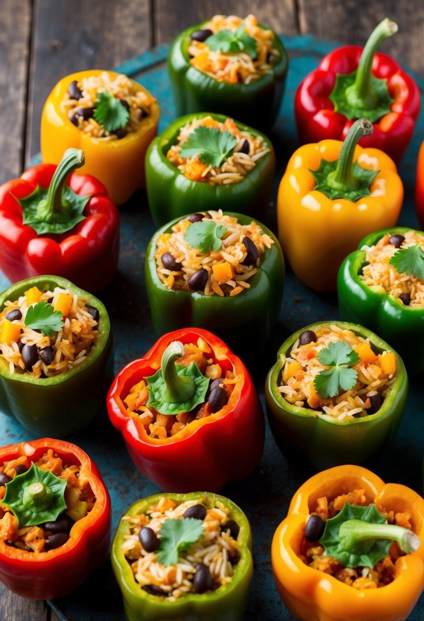 A colorful array of stuffed bell peppers, filled with a mixture of rice, beans, and vegetables, arranged on a rustic wooden table