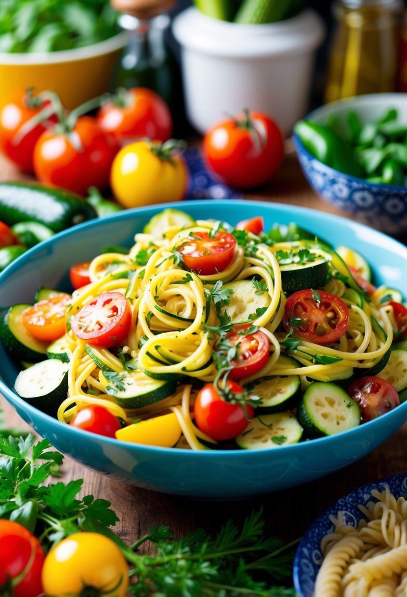 A colorful array of zucchini, tomatoes, and herbs tossed with pasta in a vibrant, vegetable-filled kitchen