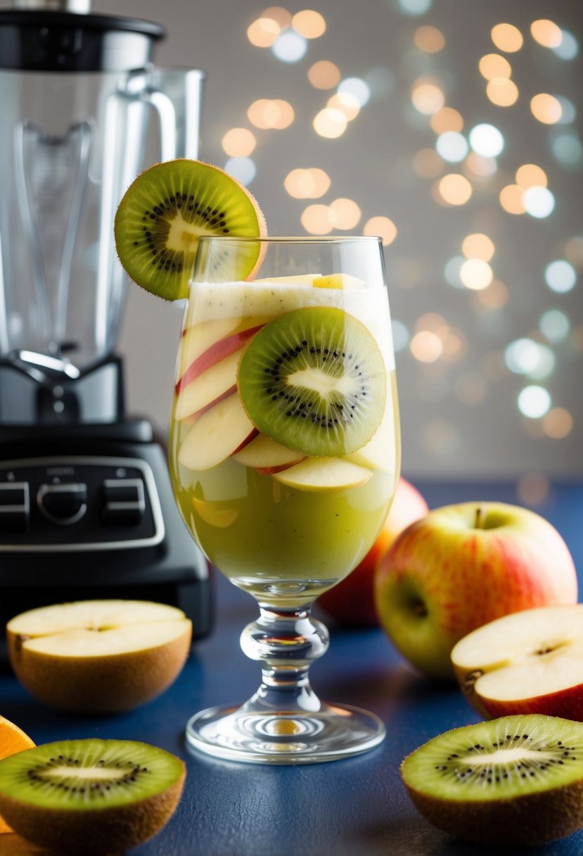 A glass filled with kiwi and apple slices, surrounded by fresh fruits and a blender