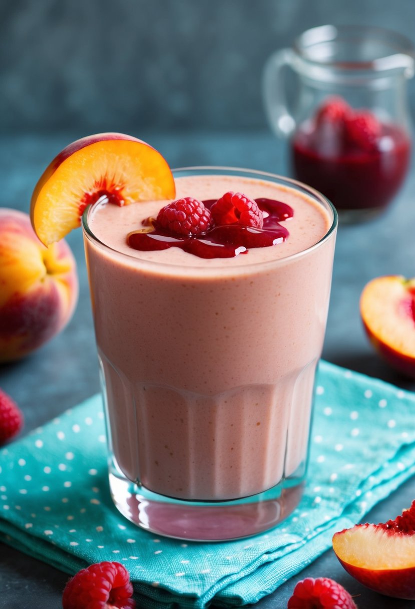 A glass filled with a peach-colored smoothie topped with swirls of raspberry sauce and a fresh peach slice on the rim