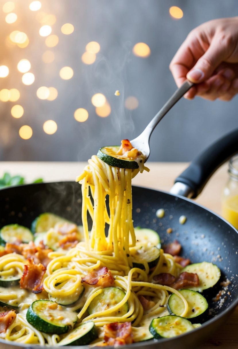 A pan of sizzling zucchini, bacon, and pasta being tossed in a creamy carbonara sauce