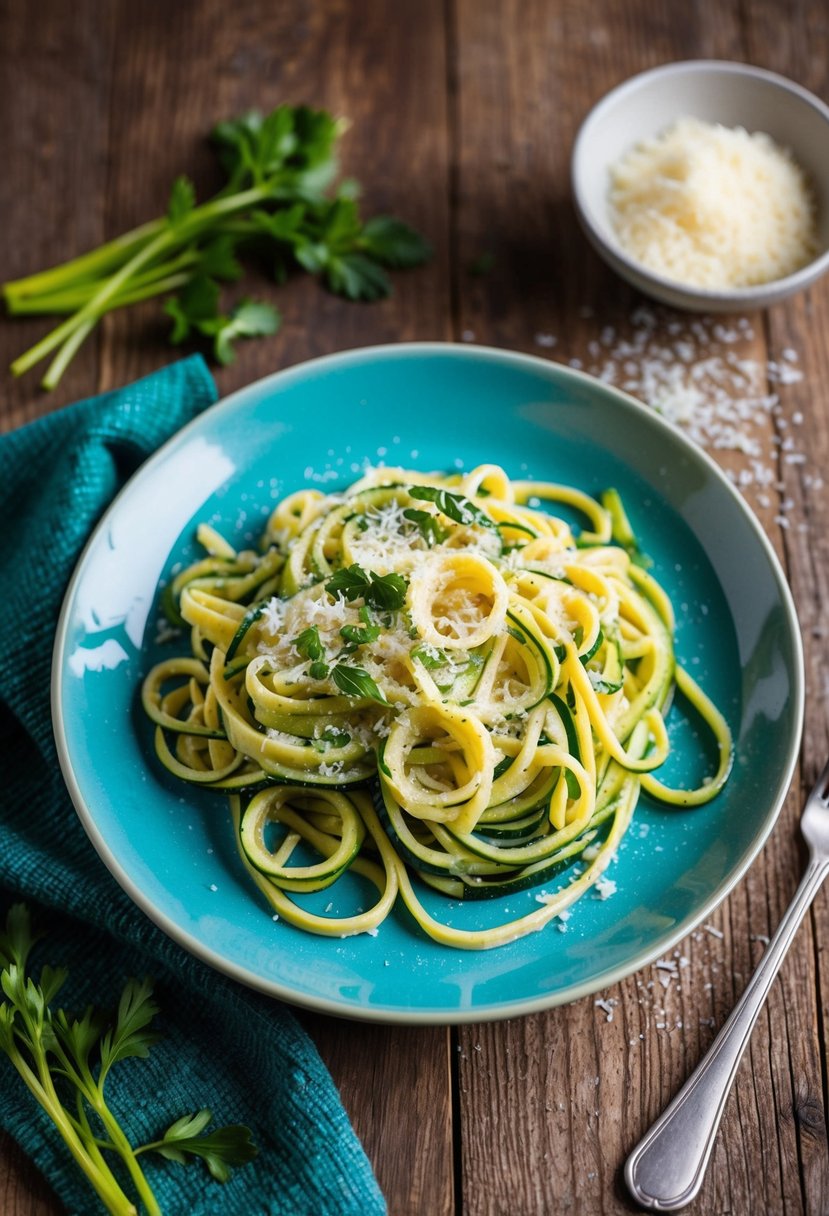 A colorful plate of zucchini and spinach linguine, garnished with fresh herbs and grated cheese, sits on a rustic wooden table