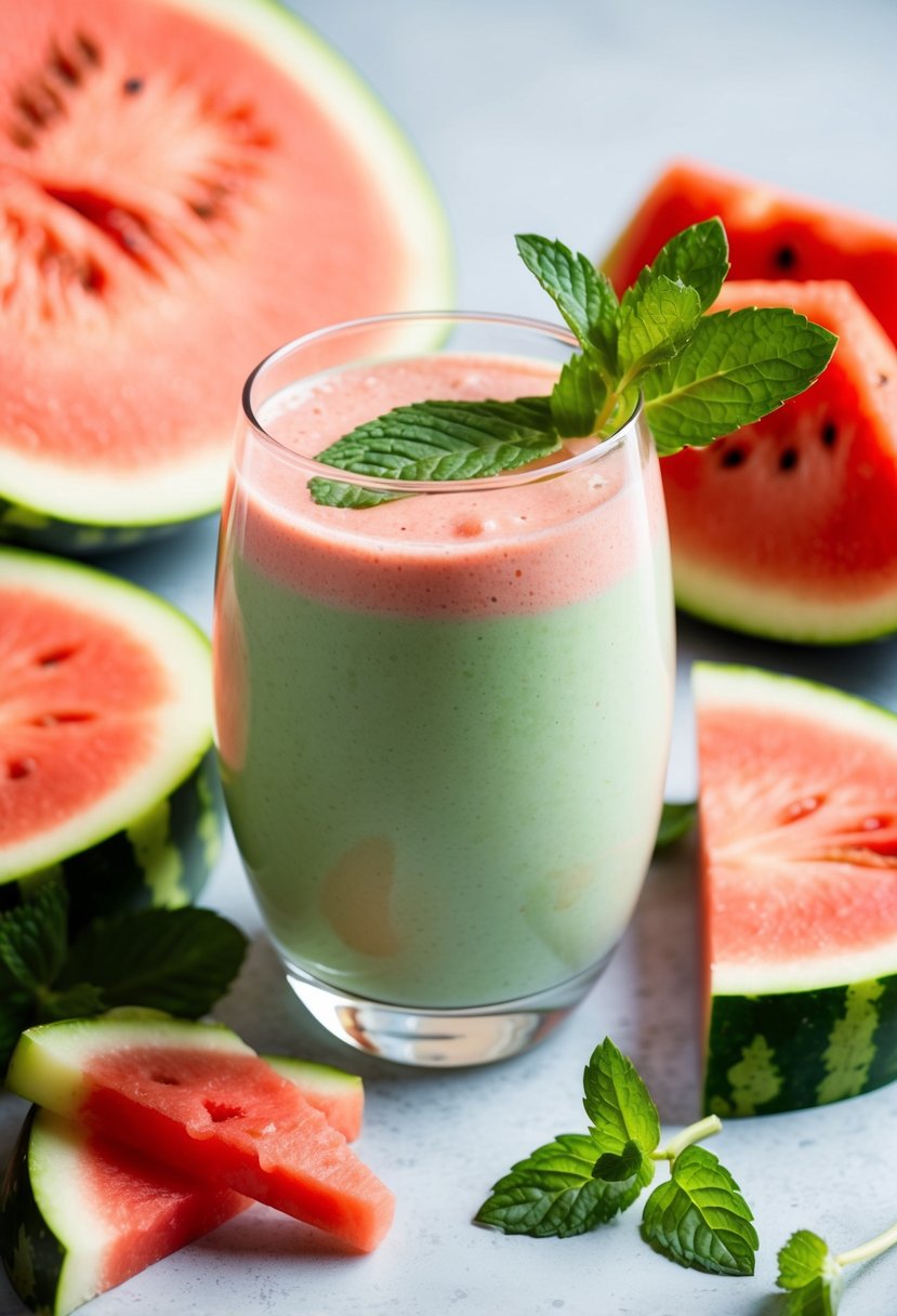 A glass filled with a refreshing watermelon mint smoothie surrounded by fresh watermelon slices and sprigs of mint