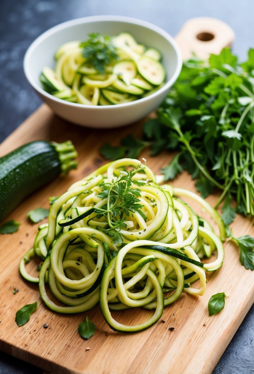 A wooden cutting board with spiralized zucchini, fresh herbs, and a bowl of zucchini pasta