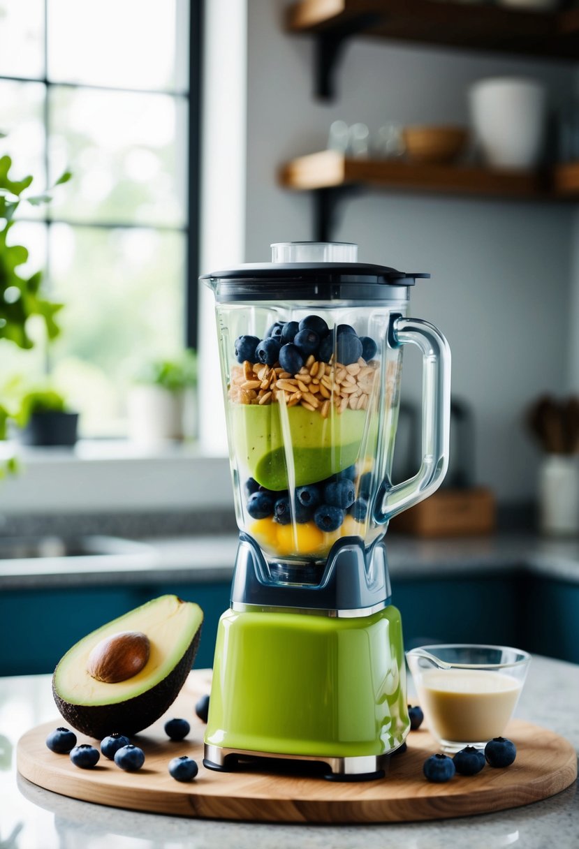 A blender filled with avocado, blueberries, and liquid ingredients on a kitchen counter