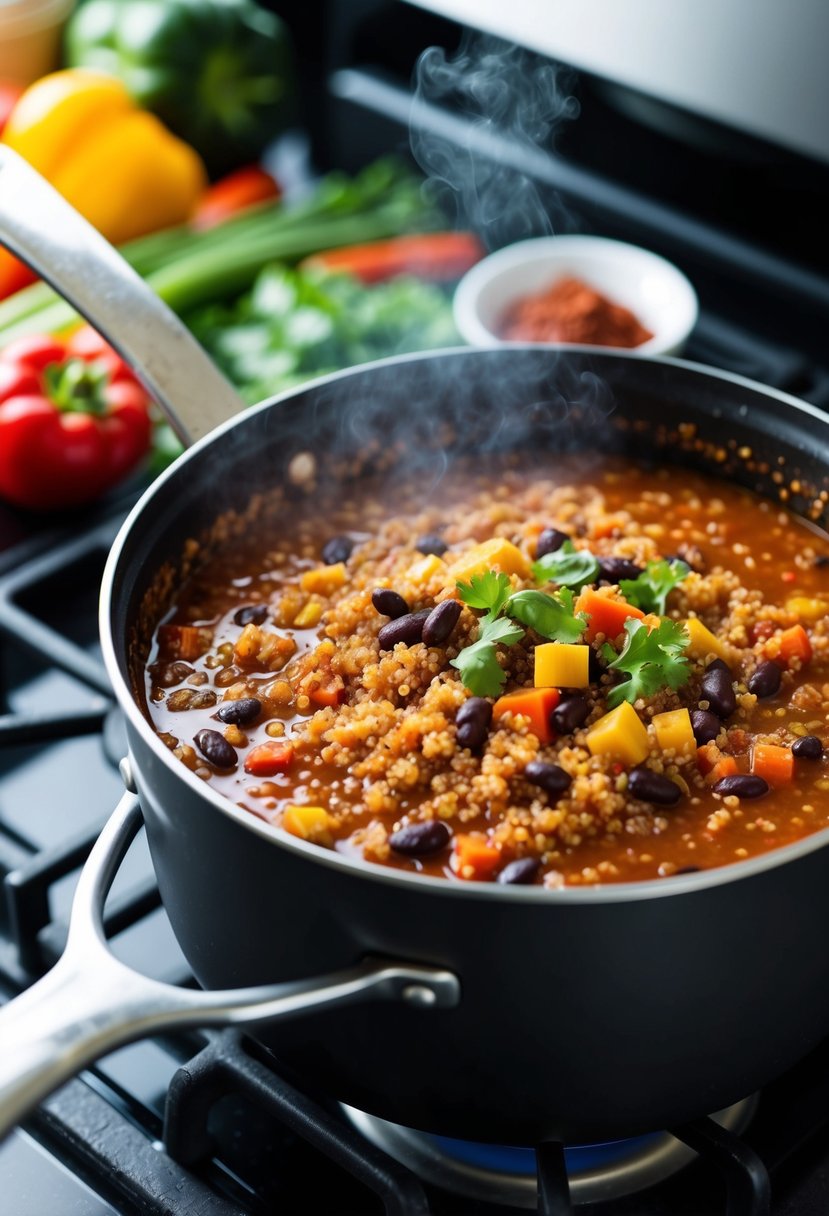 A steaming pot of quinoa and black bean chili simmering on a stovetop, surrounded by colorful vegetables and spices