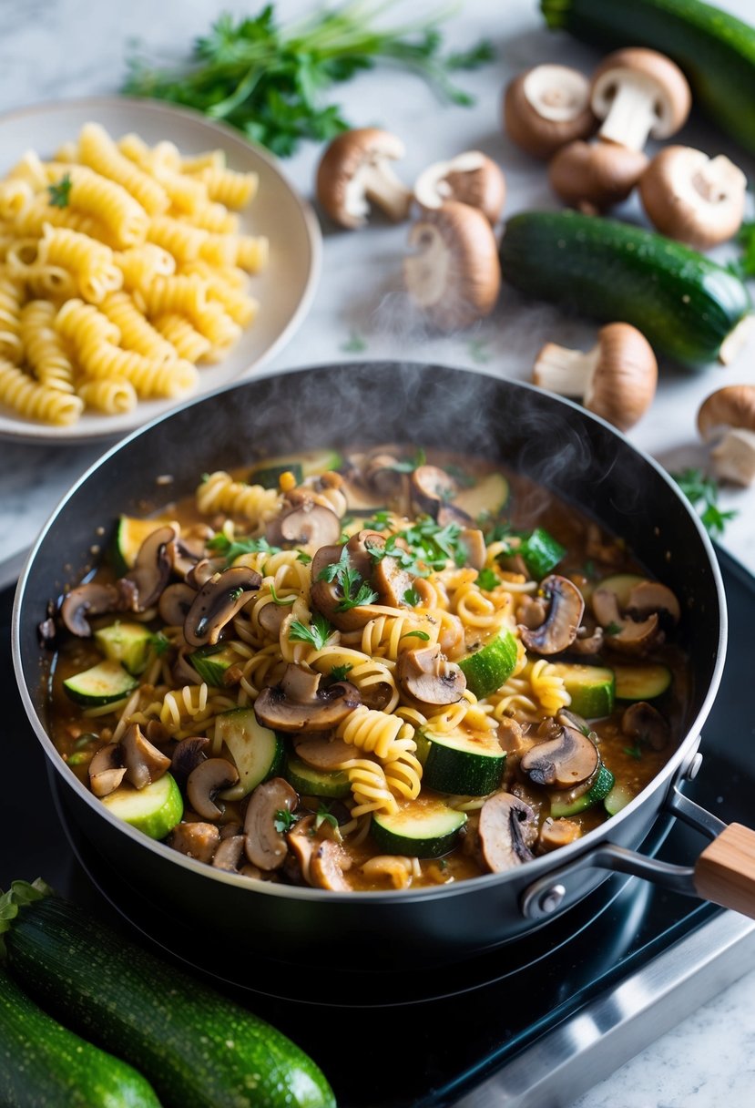 A steaming pot of zucchini and mushroom ragu simmers on a stove, surrounded by fresh zucchini and mushrooms, a pile of pasta, and a scattering of herbs