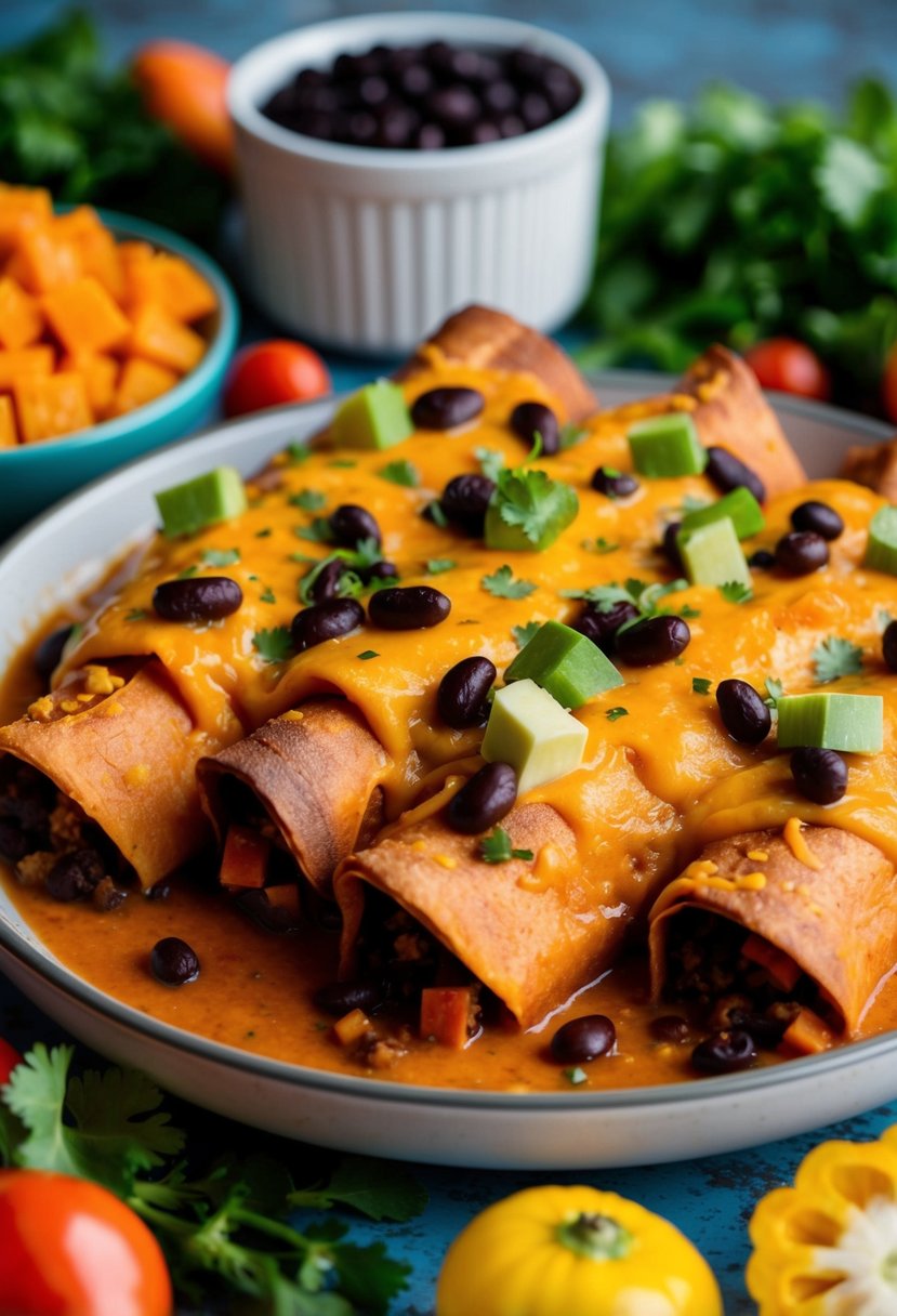 A colorful array of sweet potato and black bean enchiladas, topped with melted cheese and surrounded by vibrant vegetables