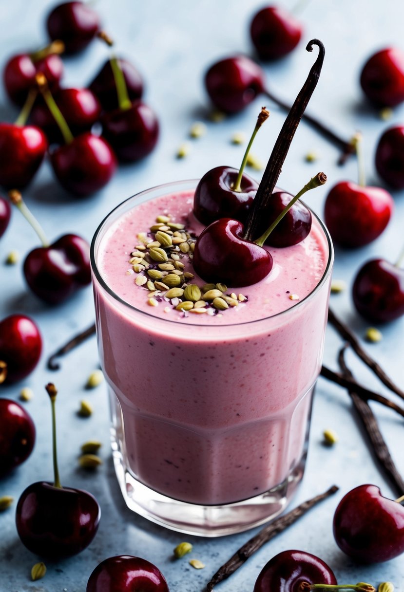 A glass filled with a creamy pink smoothie topped with fresh cherries and a vanilla bean, surrounded by scattered cherries and vanilla pods