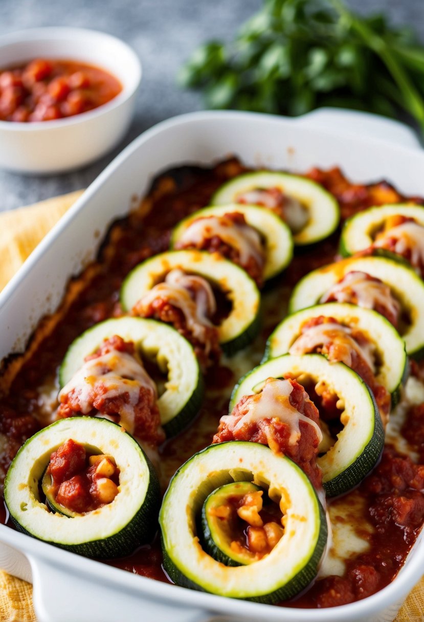 Fresh zucchini slices rolled with ricotta and marinara, topped with melted cheese in a baking dish