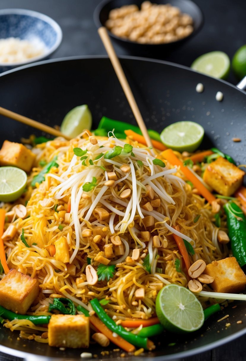 A colorful stir-fry of rice noodles, tofu, bean sprouts, and vegetables, garnished with peanuts and lime, sizzling in a wok