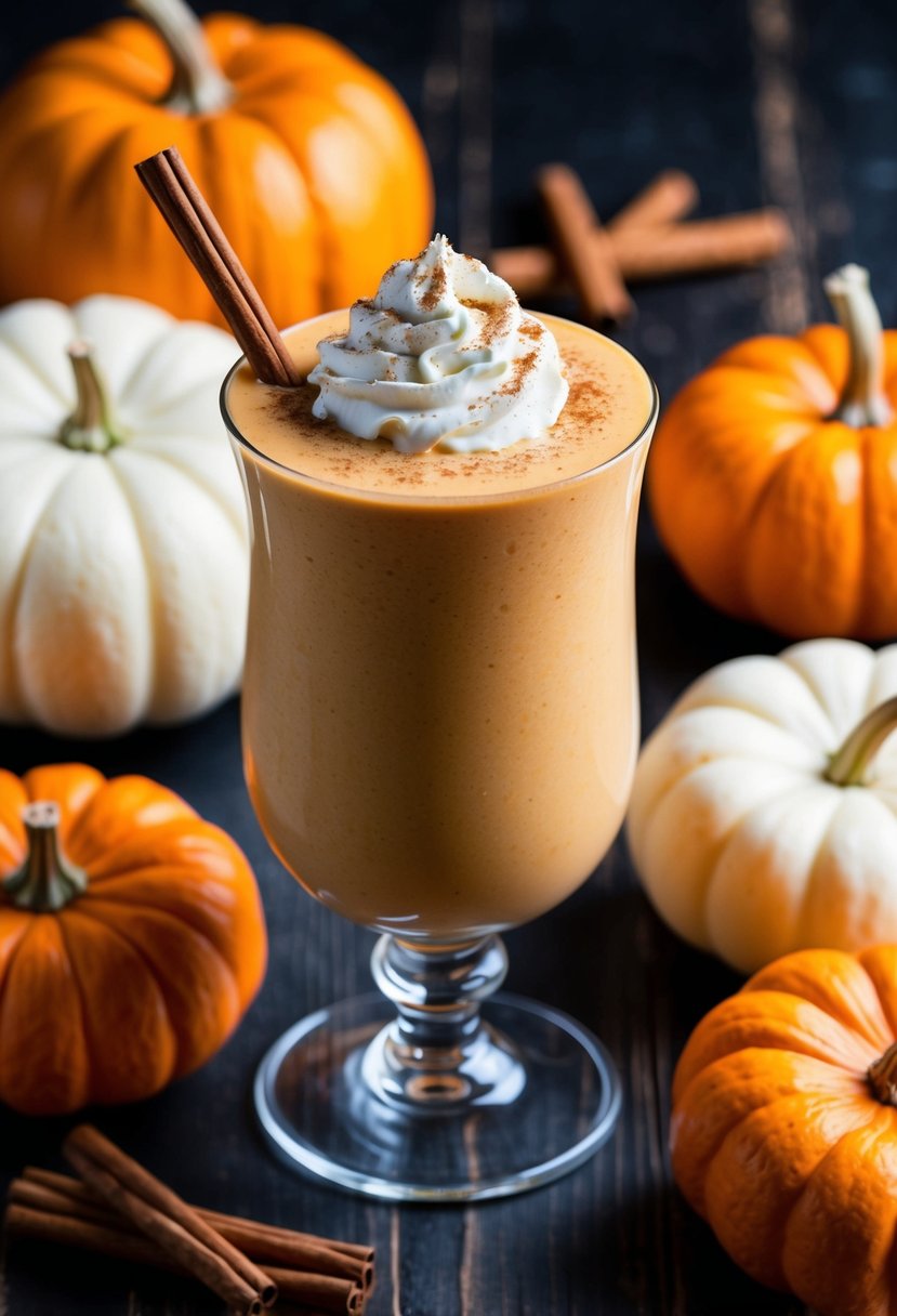 A glass filled with a creamy orange smoothie, topped with whipped cream and a sprinkle of cinnamon, surrounded by pumpkins and cinnamon sticks