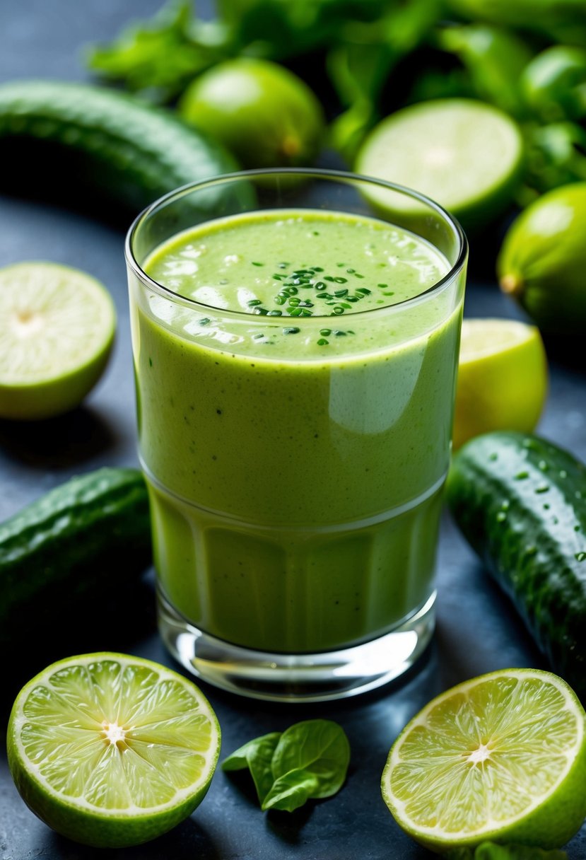 A glass filled with a refreshing green smoothie surrounded by fresh cucumbers and limes