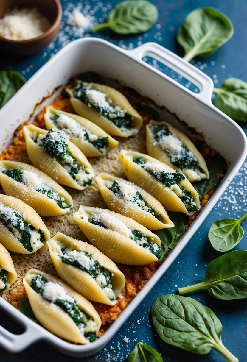 A baking dish filled with spinach and ricotta stuffed shells, surrounded by fresh spinach leaves and a sprinkle of grated cheese